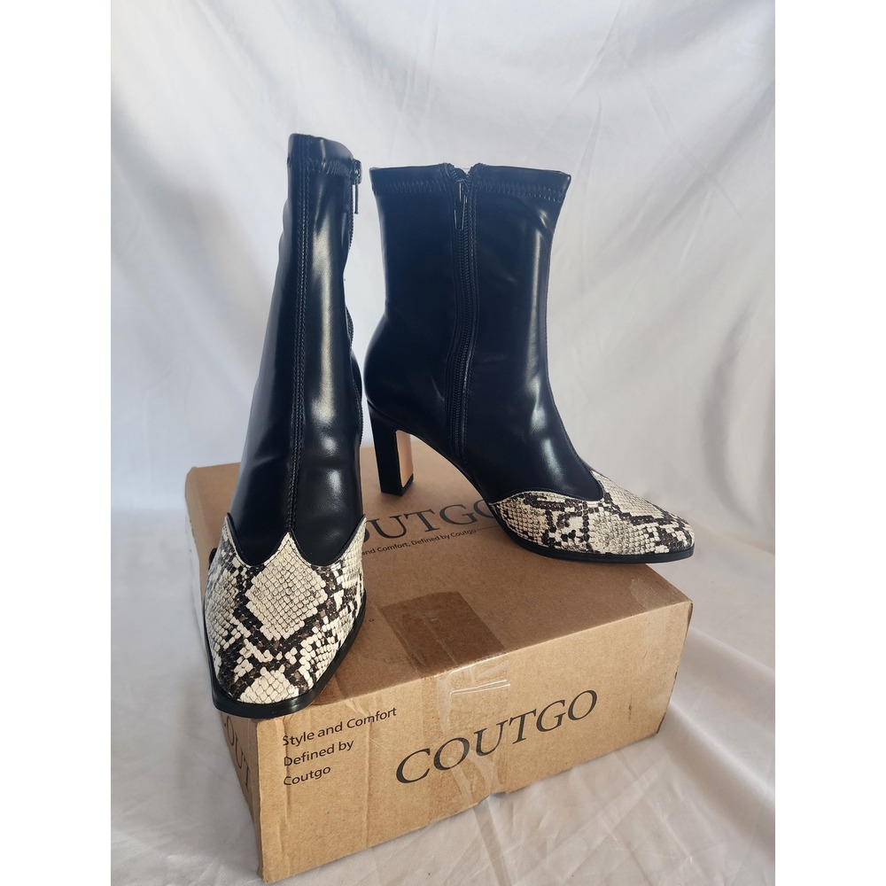 Coutgo Black Snakeskin Pointed Toe Ankle Boots Block Heel Side Zip Size 7.5 NEW